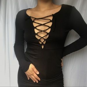 Long Sleeve Black Mini Dress with Tie in Front